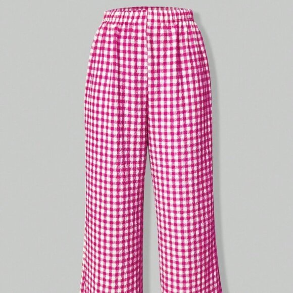 Hot Pink Casual Women's Loose Gingham Pants - Picture 3 of 5